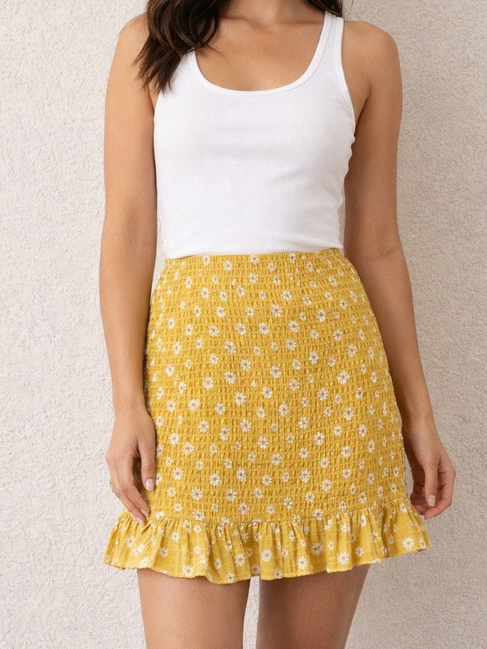 Forever 21 Yellow Floral Smocked Ruffle Mini Skirt